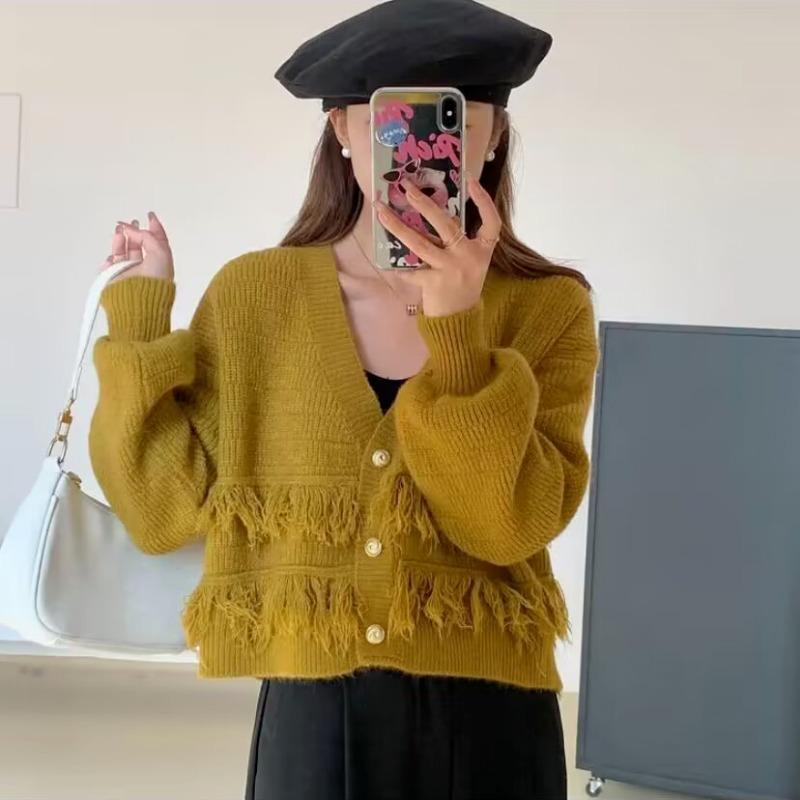 

Дизайнерский свитер с V-образным вырезом и двумя рядами кисточек, осенний, новый, корейский, уникальный, свободный, верхняя одежда, кардиган для женщин one size жёлтый