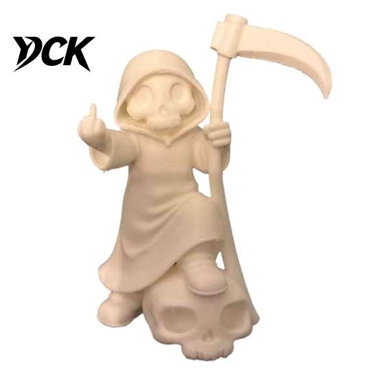 Black White Sculpture 3D Printed Cute Grim Reaper Figurine, Skeleton Little Statue with Unique Holiday Gift Scythe & Skull Base, Funny Gothic