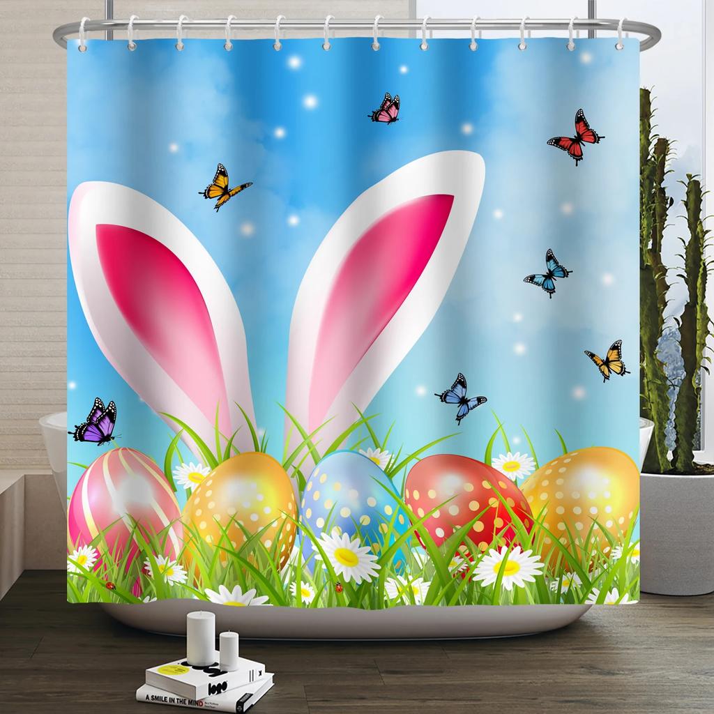 Spring Easter Shower Curtain Happy Rabbit Bunny Eggs Flower Garden Floral Holiday Waterproof Bathroom Shower Curtain With Hooks
