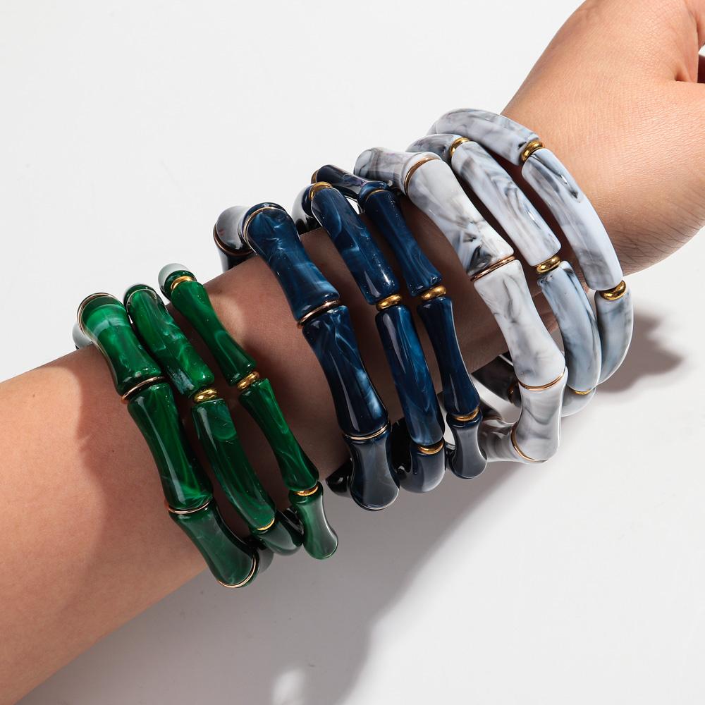 3pcs Vintage Bamboo Curved Tube Bracelets for Women Men Punk Colorful Resin Beaded Elastic Stackable Bangles Couple Jewelry Gift