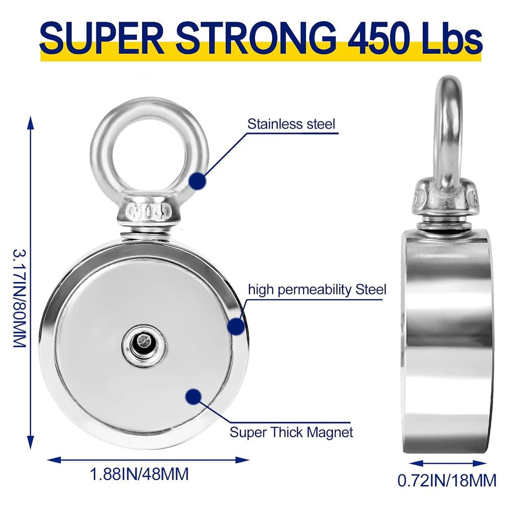 Super Power Salvage Fishing Magnetic 310lb Strong Neodymium Magnet Double Side Search Magnet Hook  M48mm-M60mm Stell Cup Holder