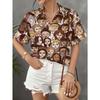 Lady's elegant, versatile, fashionable, casual, simple and unique design style printed lapel button-down short-sleeved shirt