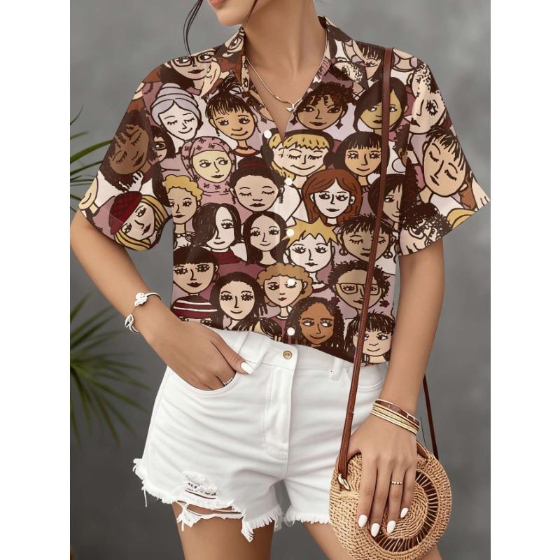 Lady's elegant, versatile, fashionable, casual, simple and unique design style printed lapel button-down short-sleeved shirt