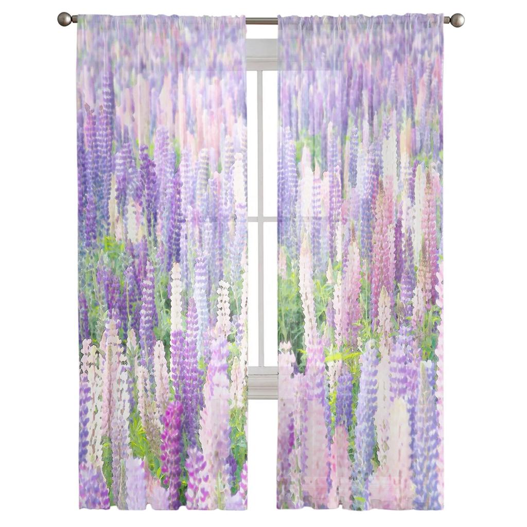 Floral Pattern Watercolor Lavender Tulle Curtains for Living Room Kitchen Bedroom Sheer Tulle for Cafe Hotel Modern Home Decor