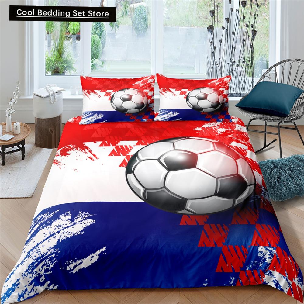 3D Football King Queen Duvet Cover Soccer Bedding Set for Kids Teens Boys Ball Sports White Red 2/3pcs Polyester Quilt Cover