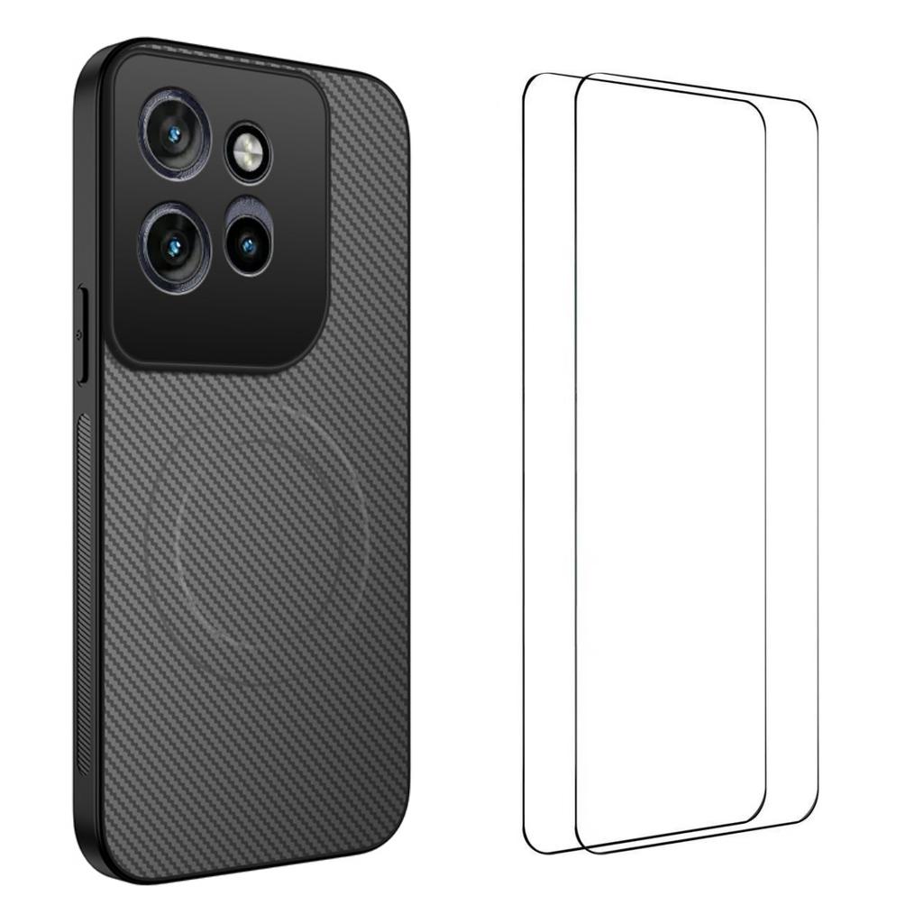 For Motorola Edge 60 5G Magnetic Case WANLONFENG TQ1 Series Carbon Fiber Texture PC TPU Phone Cover with 2Pcs Screen Films