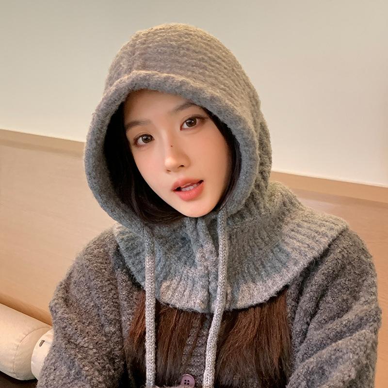 Autumn and winter hats women's fashion versatile balaclava hat scarf integrated warm knitted wool hat