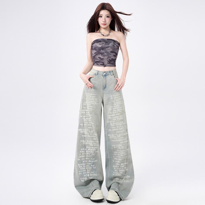 2026 Spring Vintage Printed Wide-Leg Jeans: Women’s Loose, Straight-Leg, Slimming, Trendy Retro Pants S