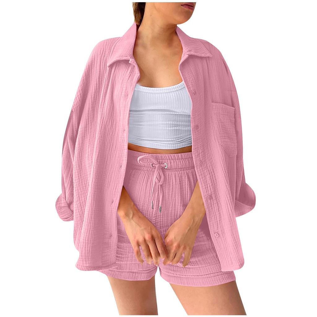 Women's 3-Piece Casual Lounge Set - Button-Down Shirt, Tank Top, and Drawstring Shorts - Soft and Breathable Fabric