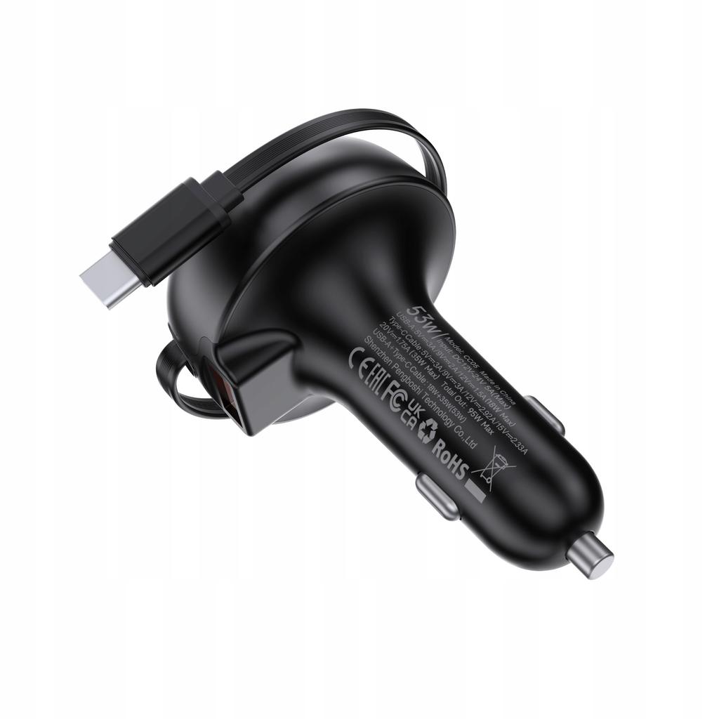 Palpro Szybka Ładowarka Samochodowa 2X Usb-A Usb-C Kabel Zwijany 53W