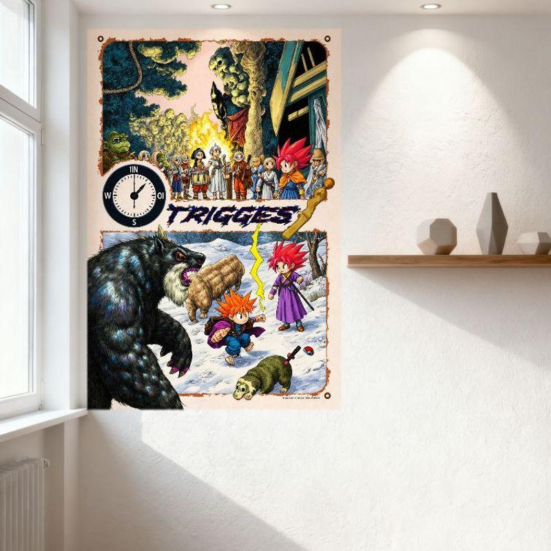 TRIGGES Vintage Forest Fire Metal Tin Sign, Medieval Characters, Clock & Snowy Landscape with Creatures for Home Bar Decor