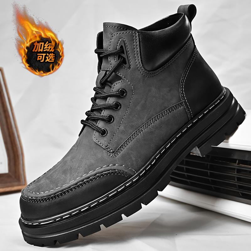 Nya Fritidsskor för Herrar, Gröna&Gråa Tooling Läderkängor med Valfritt Fleecefoder, Slitstark Plattformsstövel för Höst Vinter