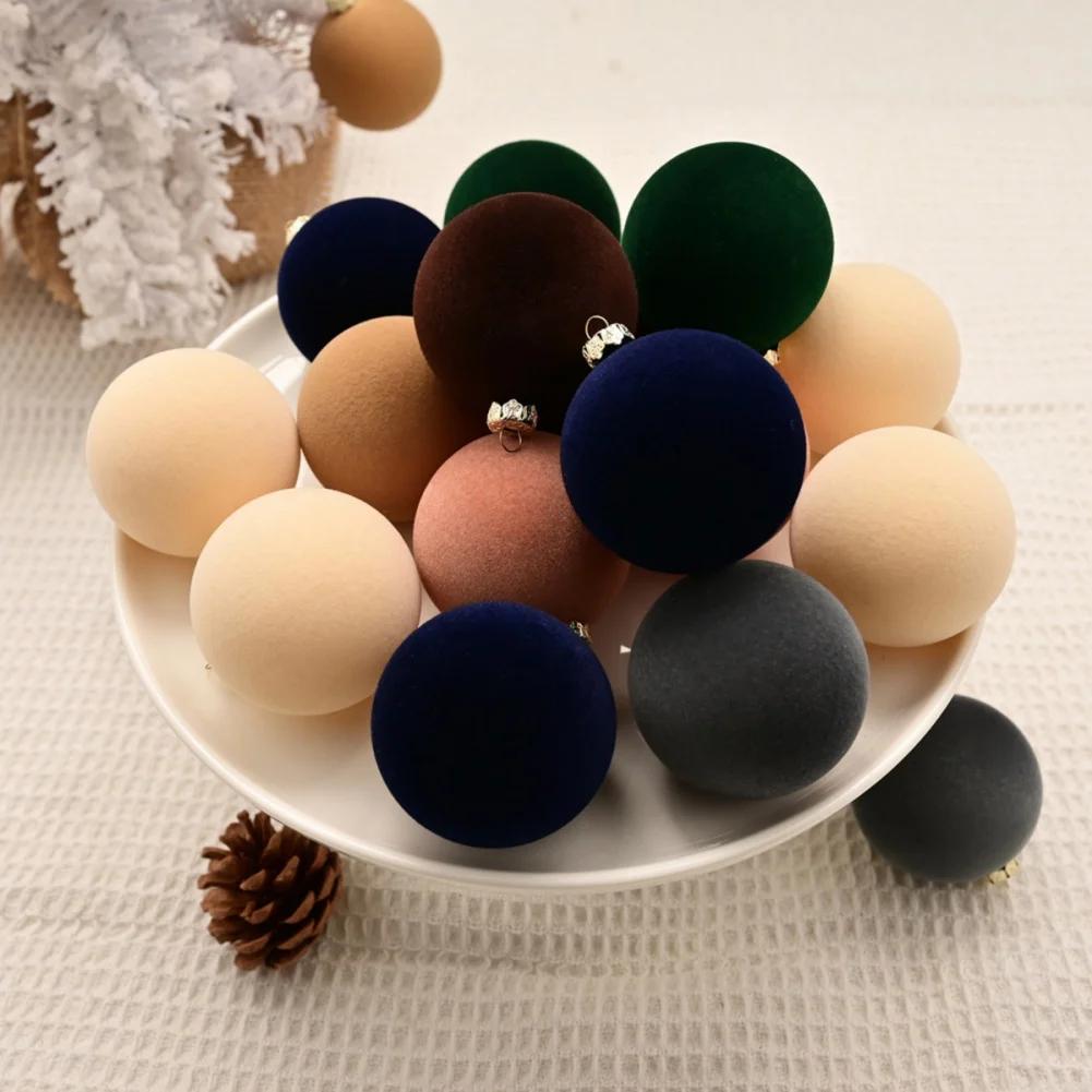 12pcs Flocked Christmas Tree Ball Velvet Christmas Pendant Ornaments Xmas Tree Hanging Balls New Year Party Plush Balls Decor
