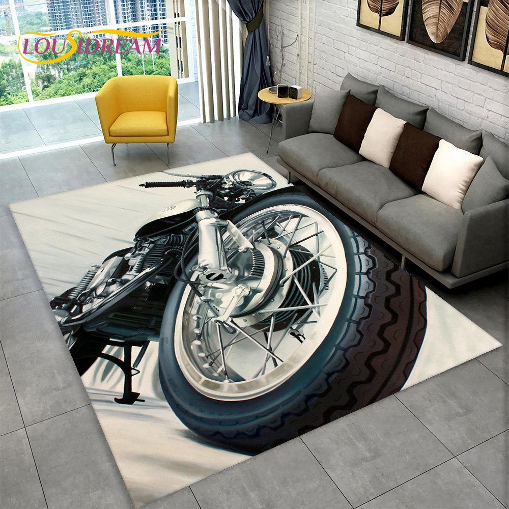 3D Retro Vintage Motorcycle Area Rug Large,Carpet Rug for Living Room Bedroom Sofa Doormat Decor,Child Play Non-slip Floor Mat