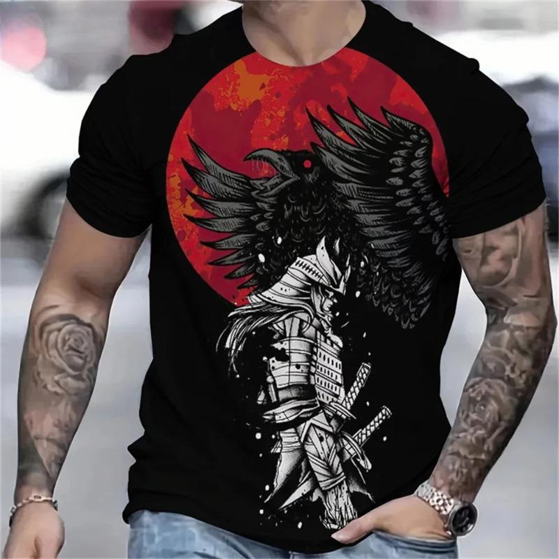 Camiseta de Samurái Japonés Impresa en 3D para Hombre Camisetas con Patrón de Personalidad Moda de Verano Cuello Red Tops Sueltos de Calle Camisetas de Manga Corta