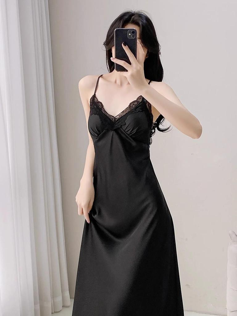 Ice Silk Long Sleeve Extra Long Robe with Chest Pad & Camisole Nightdress for Women