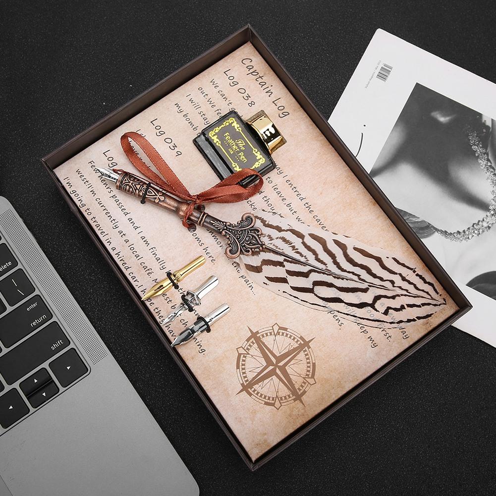 Sada per s peřím, psací potřeby s přírodním vzorem, retro kolekce pro tvoření, pro banket, Signature, bílá