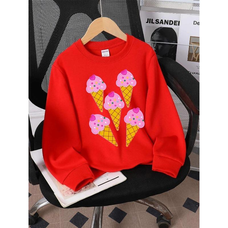 European Sizes Kids' Crewneck Sweatshirt - Pink Ice Cream Cone with Heart And , Sportswear And Casual Wear, Soft And Comfortable, Clothing
