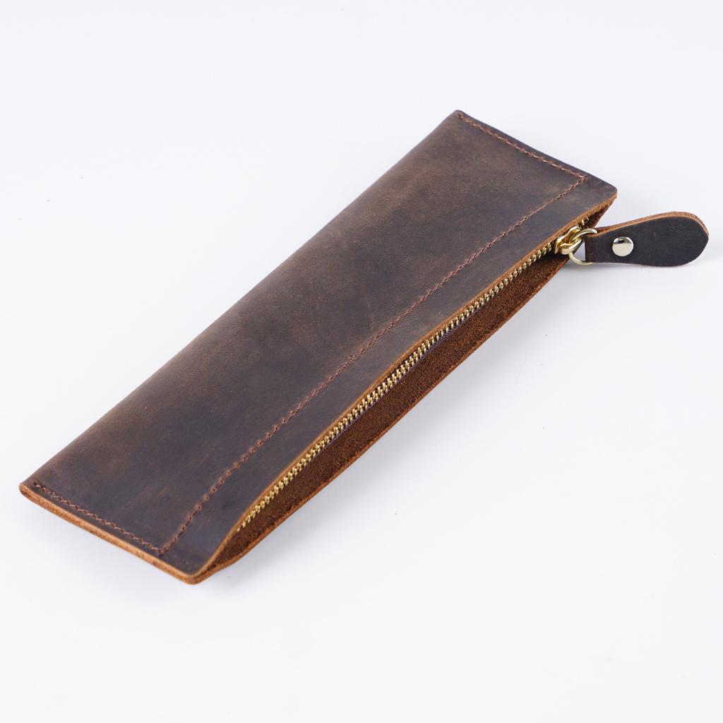 2026 Leather Pencil Bag Academy First Layer Crazy Horse Leather Handmade Change Bag Student Pencil Bag Stationery Storage Bag