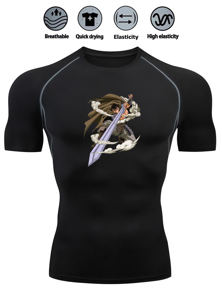 Mens White Compression Short Sleeve T-Shirt Anime Warrior With Sword Graphic Breathable Quick Dry High Elasticity Gym And Running Athletic Top