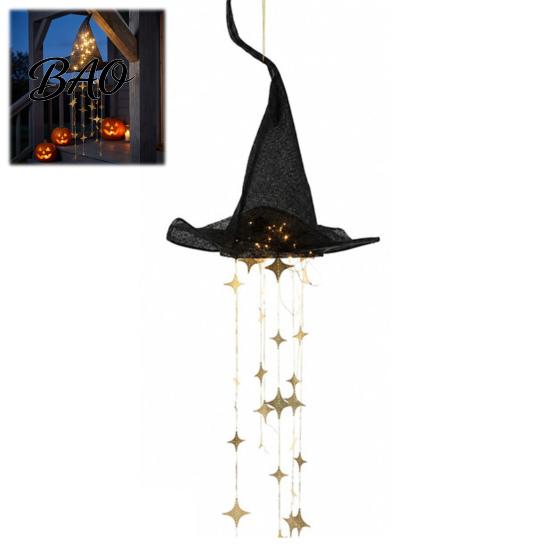 Luminous Witch Hat Lights Lighted Hanging Chime, Halloween LED Ornament with Glow Star Tassels, Magical Light for Porch Window Patio Indoor