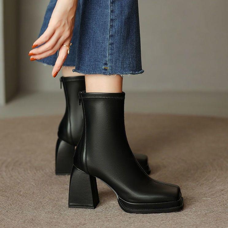 Women's Soft Leather Elastic Ankle Chunky Heel Boots - Autumn/Winter 2025, Square Toe, Plush, Platform Martin Style.