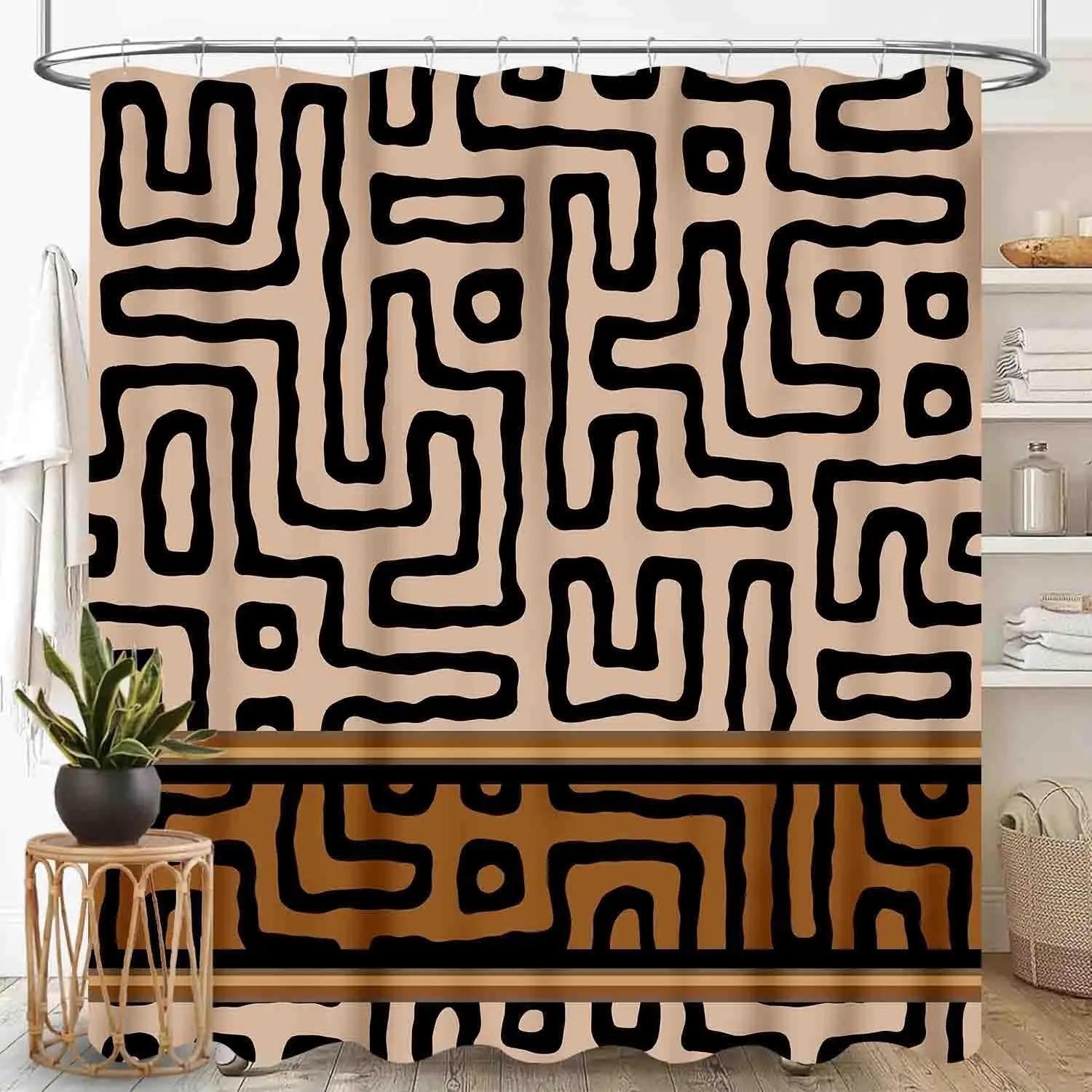 Afrikaans Modderdoek Douchegordijn, Boheems Modern Abstract Geometrisch Print Tribaal Afrika Etnisch Patroon Boho Bruin Waterdicht 90x180cm beige