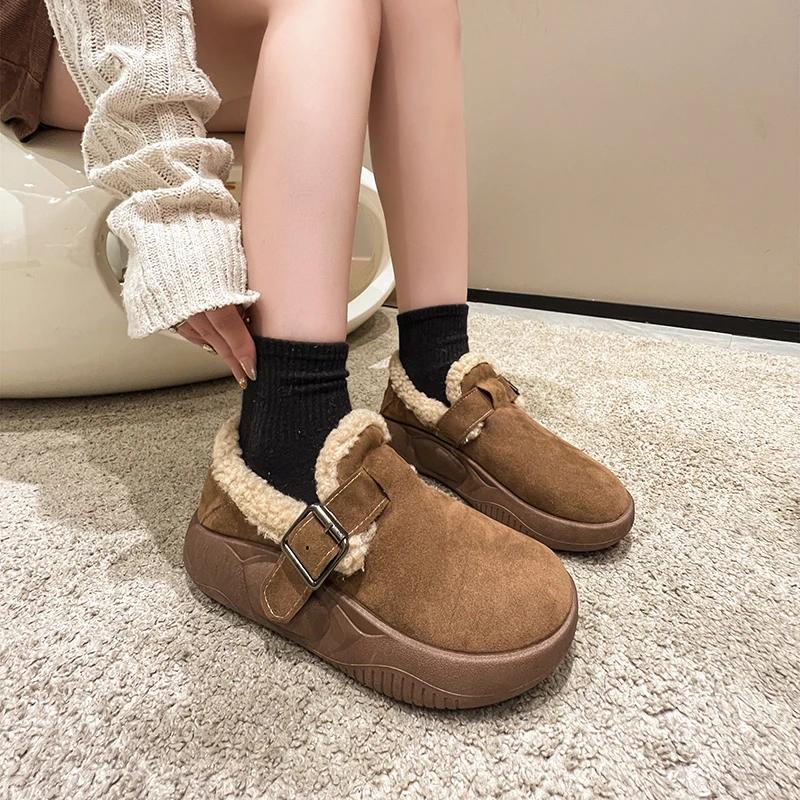 Fashion Shoes Female 2024 New Buckle Strap Women's Vulcanize Shoes Platform Women Sneakers Round Toe Flat with Warm Women's Casual Shoes