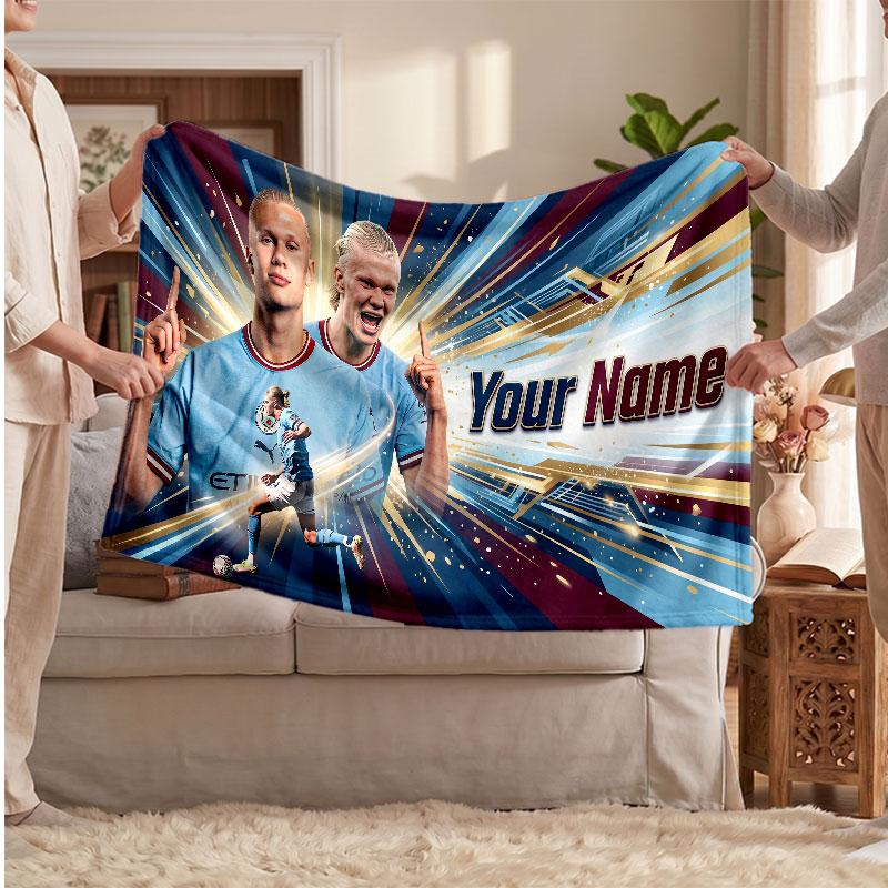 Erling Haaland Personalized Fleece Blanket With Football Logo, Custom Name Text Soft Warm Home Throw Blanket