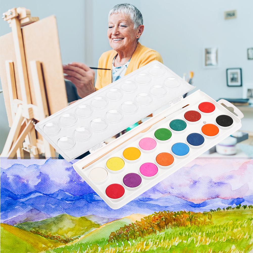 2 Schachteln 16 Farben Feste Aquarellfarbe Kompaktes Pigment mit Pinsel zum Üben Zeichnen Kunstbedarf