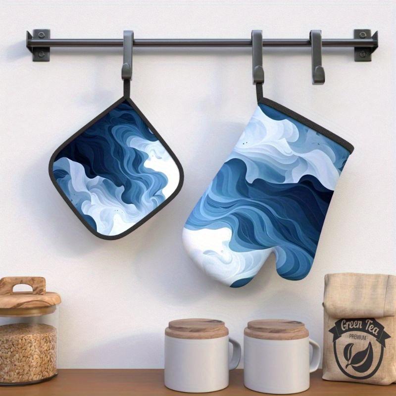 S 10.6*6.7 Inch Oven Mitts Pot Holders Blue Line Curve Heat Resistant Oven Mitts And Pot Holders Sui
