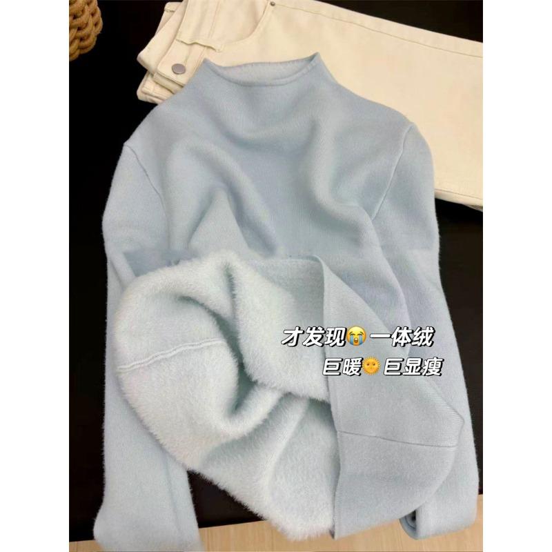 Thickened semi-turtleneck soft waxy knitted top women's autumn and winter skin-friendly integrated fleece bottoming shirt temperament simple sweater