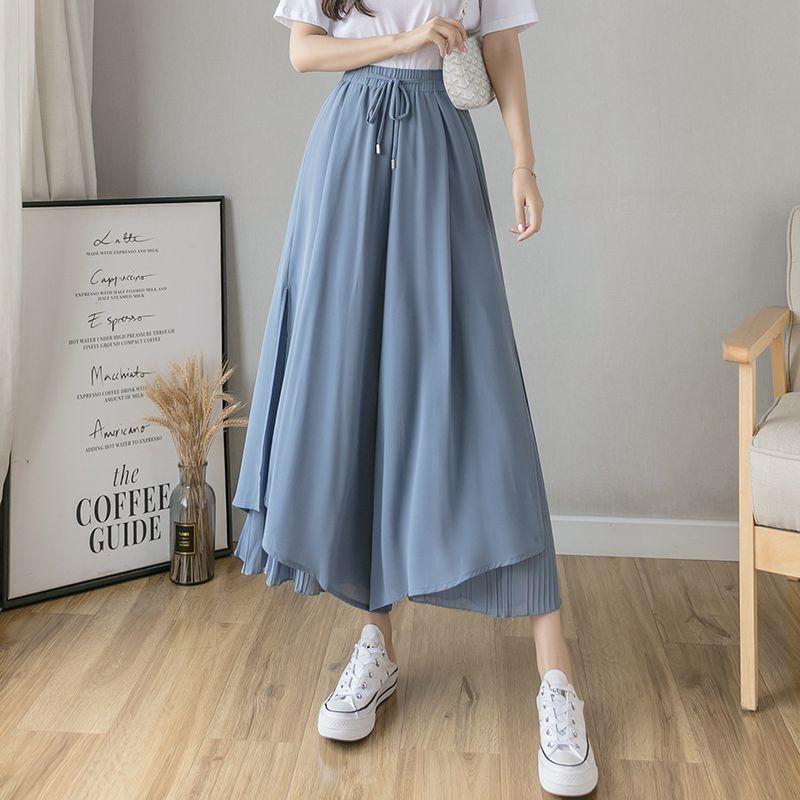 Culottes Elastisch Wijde Pijpen Onregelmatige Zoom Dubbele Laag Casual Losse Geplooide Broek