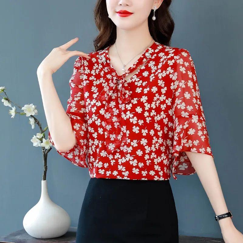 WTEMPO Summer Elegant Printing Chiffon V-neck 3/4 Sleeve Blouse Ladies Fashion Ruffles Pullover Loose Shirts Women Clothing
