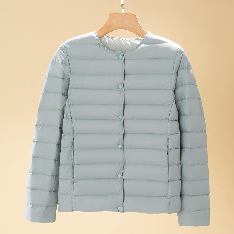 

Легкий пуховик женский короткий осенне-зимний новый с круглым вырезом и длинными рукавами, на белом утином пуху, легкий, большого размера 4XL светло-синий