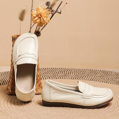 Modne Skórzane Buty Damskie Mokasyny Jesień Retro Damskie Buty Okrągły Nosek Miękka Podeszwa Pojedynczy But Prawdziwa Skóra Małe Skórzane Buty