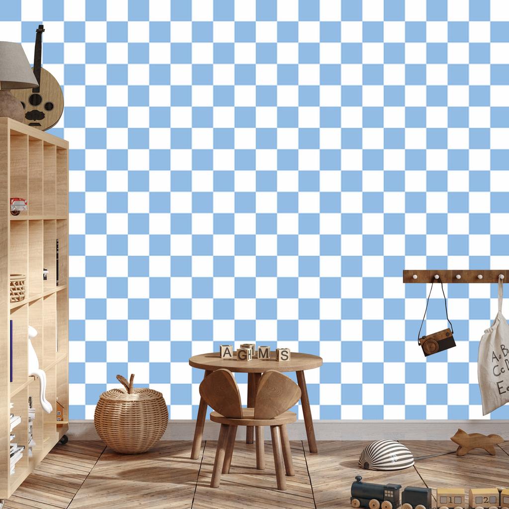 Azure and White Checkerboard Wallpaper for Living Room and Bedroom 50x1000