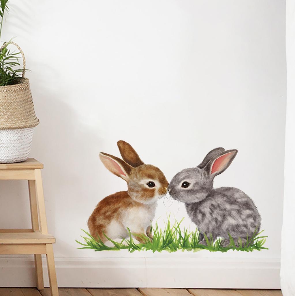 Kreslený králíček na trávě Samolepky na zeď, Roztomilé odnímatelné samolepicí dekorace do obývacího pokoje, Domácí dekorace