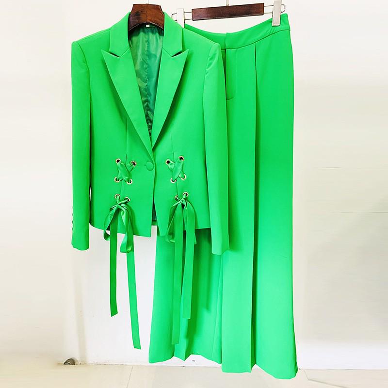 

High-End Spring 2026 Ribbon Tie Suit Jacket and Wide-Leg Pants Set Medium (M) зелёный