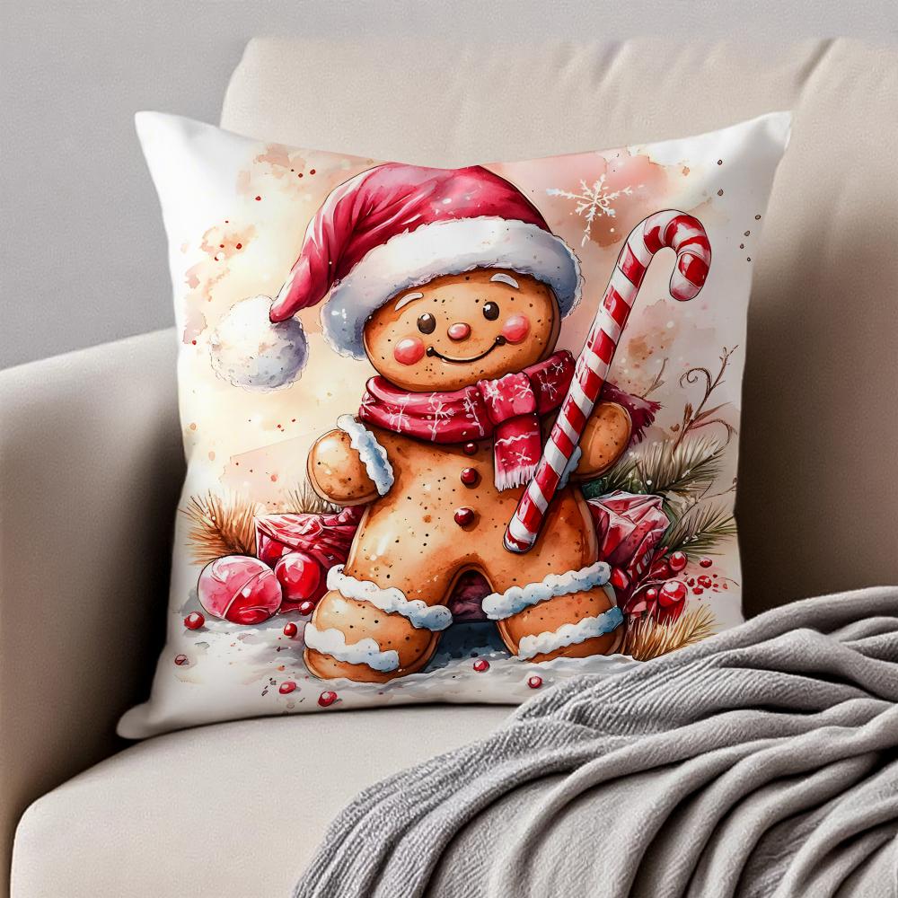 Christmas Gingerbread Man Fun Holiday Cushion Cover Pillowcase Antidustmite Invisible Zipper Short Plush Sofa Cushion