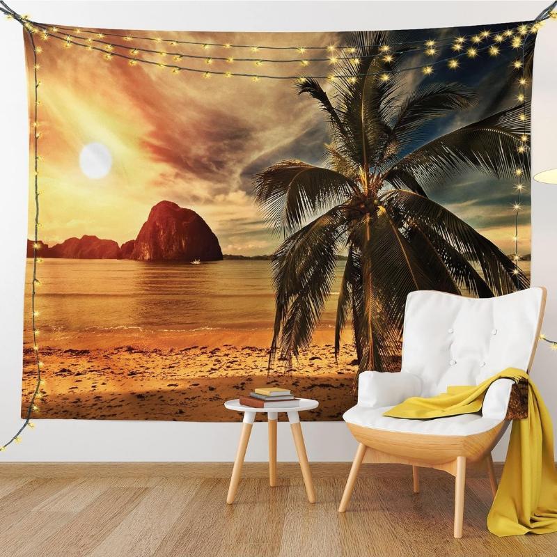 Mehrgrößen Tropischer Strand Sonnenuntergang Wandteppich für Schlafzimmer Wohnheim Wohnzimmer Dekor Festival Party Tägliche Nutzung Hochwertiges Druckdesign