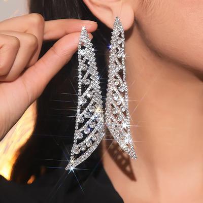 Geometric Shiny Full Diamond Long Earrings Women's Premium Temperament Rhinestone Earrings Earrings Accessories