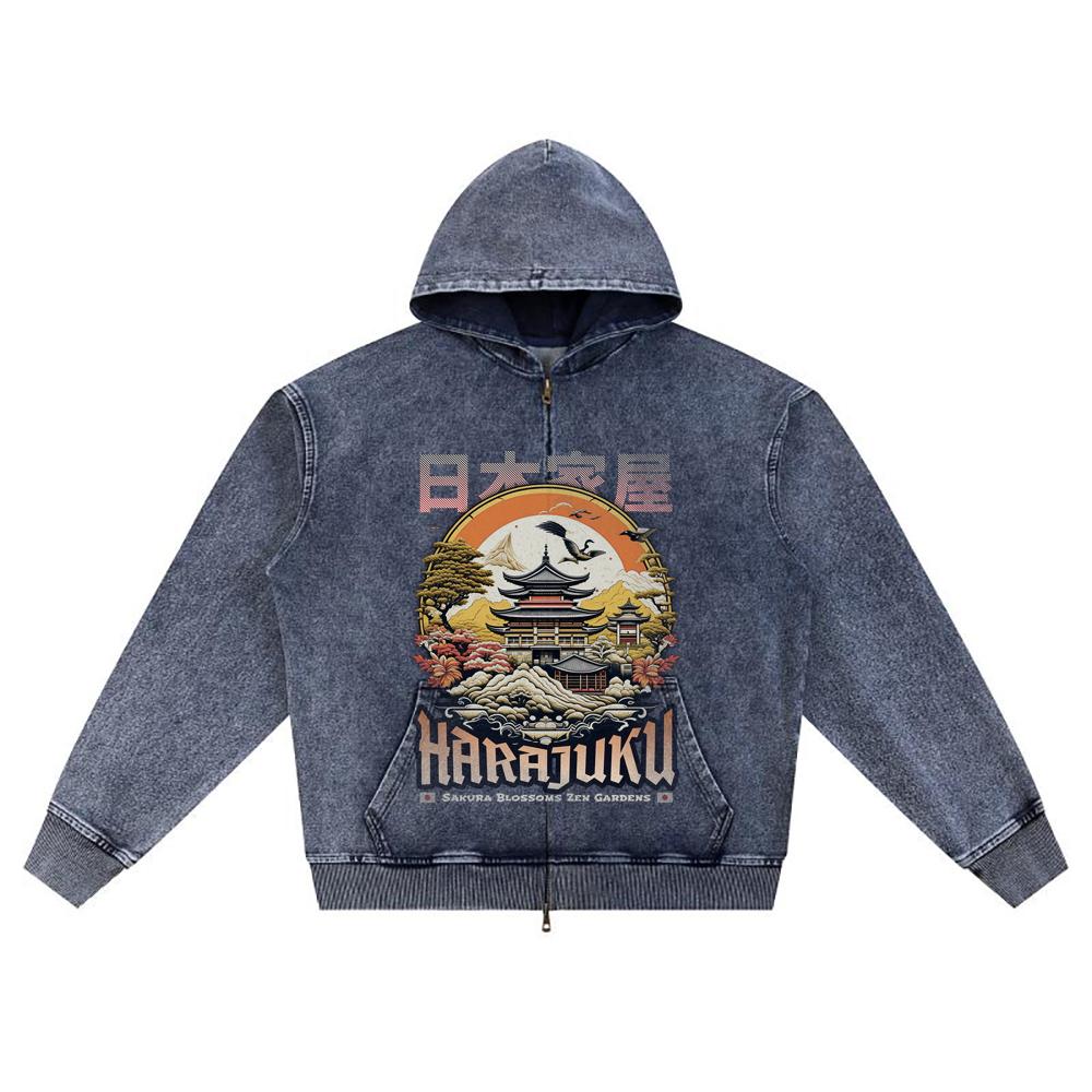 DTG Print Knitted Denim Zip-Up Hoodie Japan Samurai Brother Print Zipper Hoodies  
