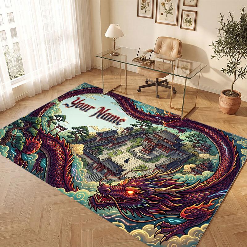 Dragon Theme Crystal Velvet Floor Rug Personalized Custom Name Text Warm Carpet Home Decoration