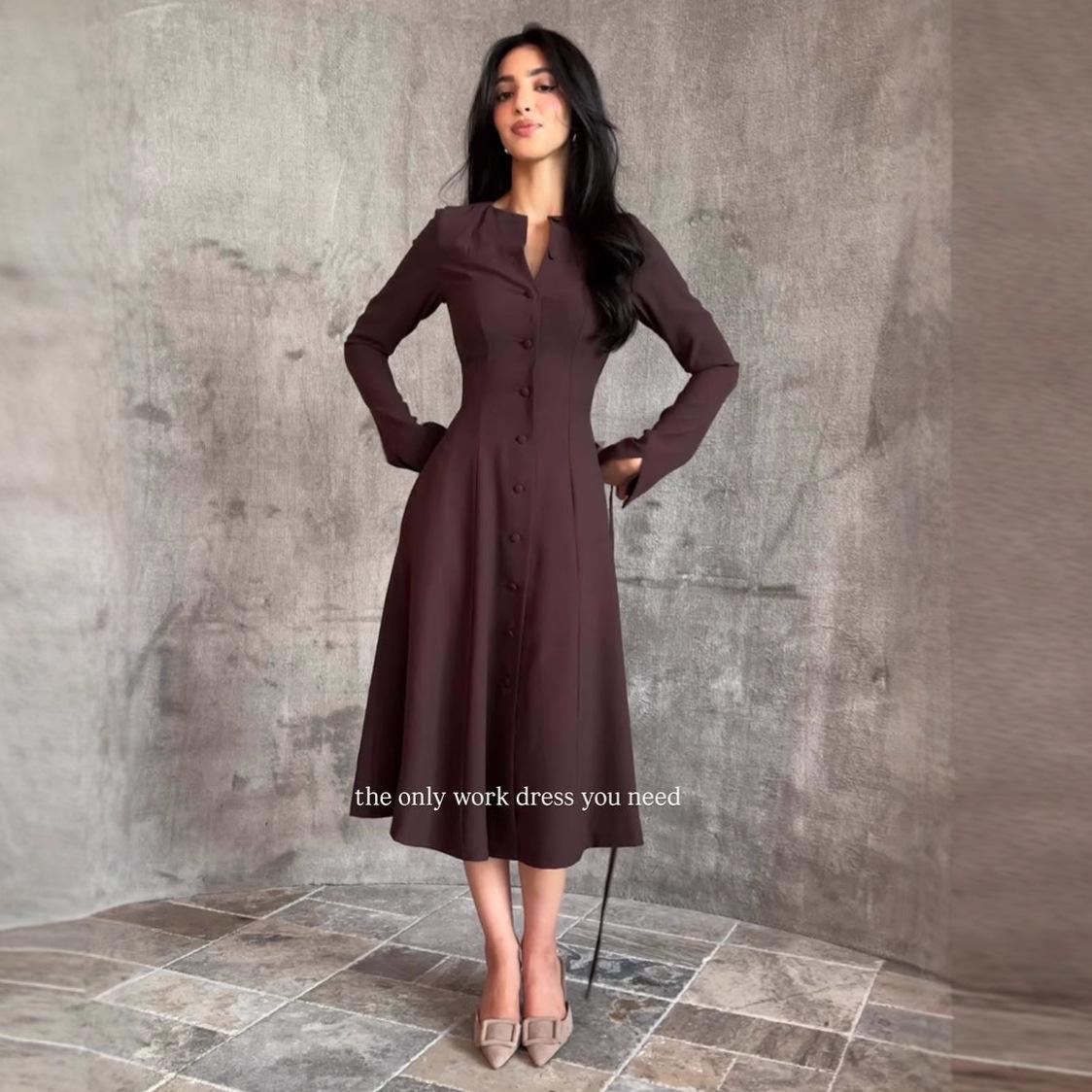 2025 Autumn European & American Women s Slim Single-Breasted Long-Sleeve Stand-Up Collar Cardigan Dress XXL кофейный