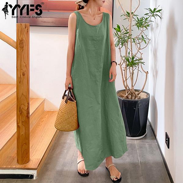 YYFS Women's Fashion Summer Spring Solid Color Print Sleeveless U-Neck Loose Waistline Casual Dresses