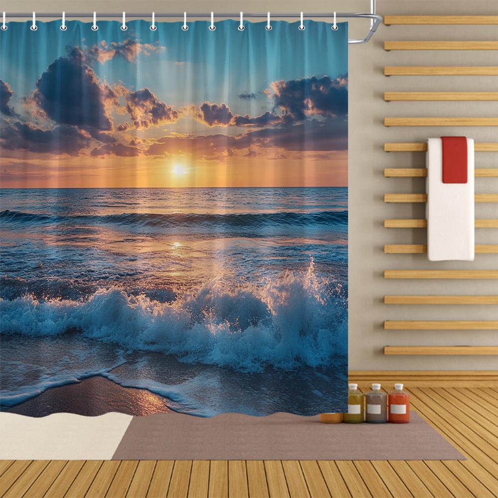Tropical Sunset Beach Shower Curtain-Shoreline Print Including 12 Hooks-Ideal For Bathroom Decorative Shower Curtain