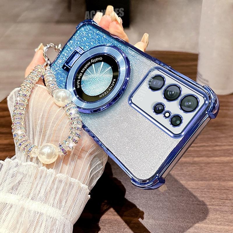 Lanyard Chain Plating Ring Holder Silicone Case For Samsung Galaxy S25 S21 S22 S20 S23 S24 Fe Plus Ultra Shockproof Stand Cover