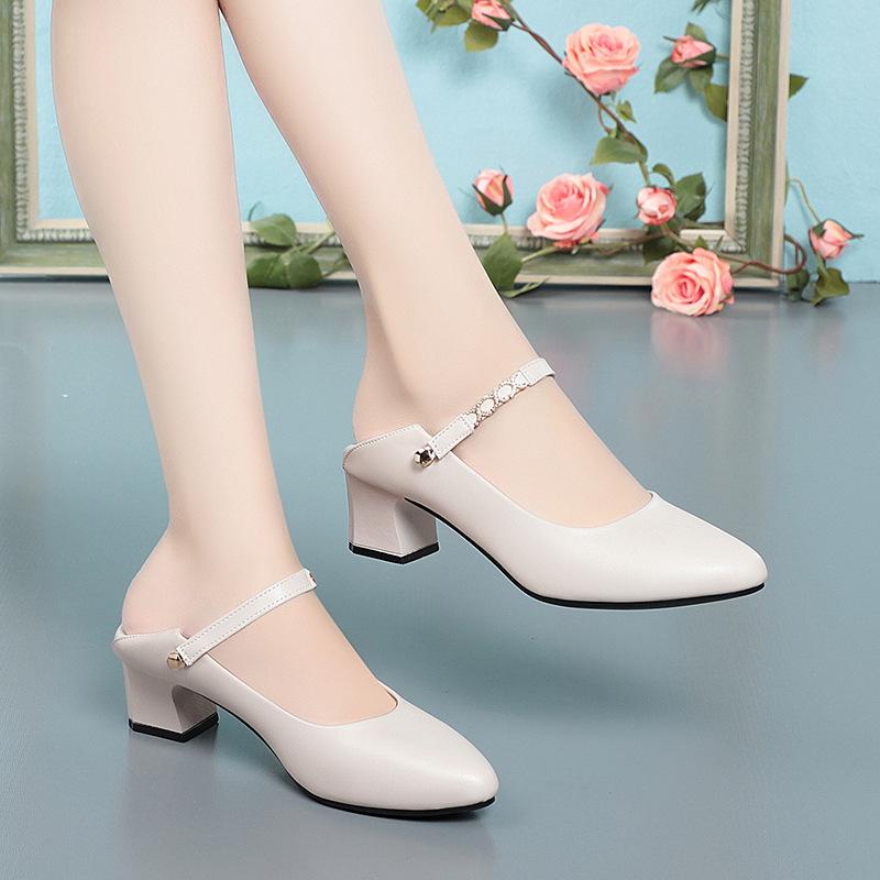 Mom shoes soft leather comfortable soft sole single shoes women's spring and autumn ladyshoes thick heel leather shoes medium heel four women's shoes