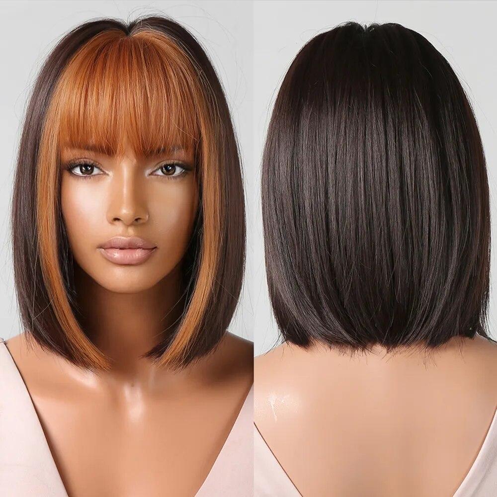 Short Orange Straight Bob Hair Synthetic Wigs with Bangs Orange Colorful Cosplay Party Wig for Women Heat Resistant Fiber Daily